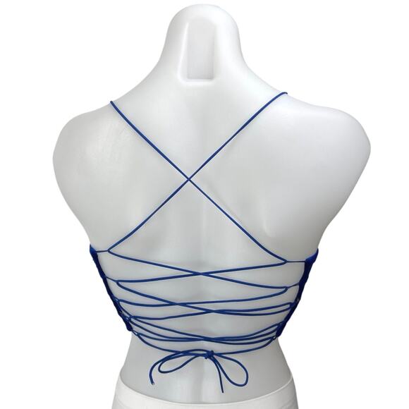 Women's Blue Gold Star Velvet Velour Sleeveless Crisscross V Neck Crop Top S M - Picture 2 of 4